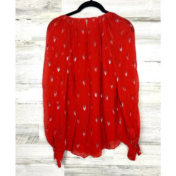 Joie Women’s S Red Silver Mosi Lightweight Silk Long Sleeve Aztec Boho Blouse - Picture 2 of 6